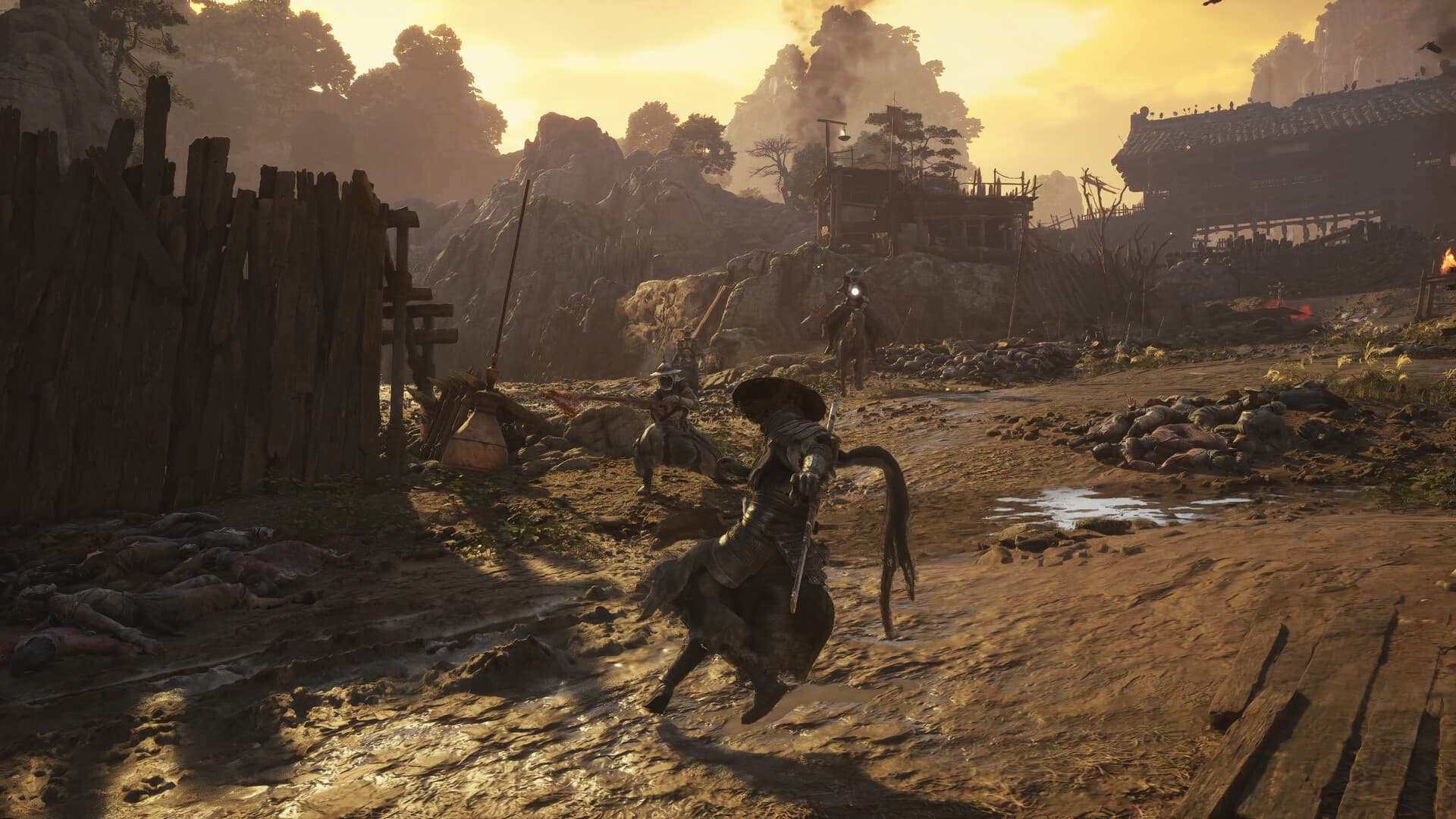 Soul crossing a battlefield beneath a golden sky